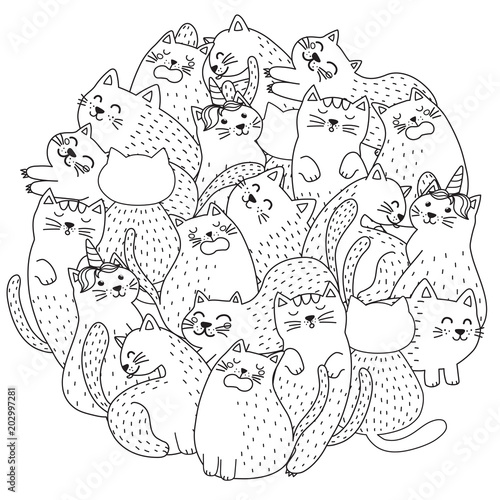 Doodle cute cats coloring page. Funny circle shape print. Vector illustration