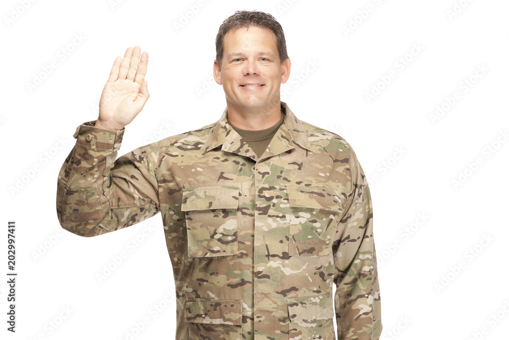 U.S. Army Soldier, Sergeant. Isolated. Hand up for oath. U.S. Army Soldier, Sergeant. Isolated. Hand up for oath.