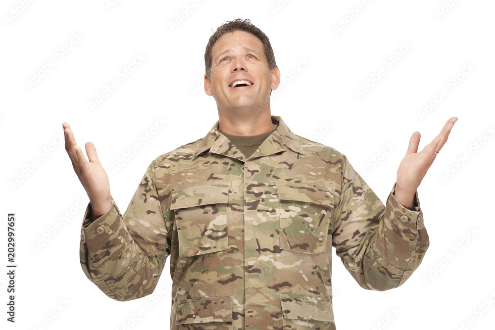 U.S. Army Soldier, Sergeant. Isolated with hands up. U.S. Army Soldier, Sergeant. Isolated with hands up.
