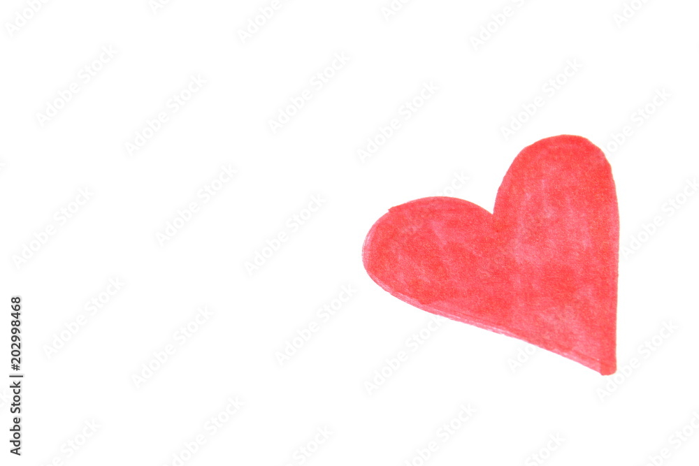 Heart colored with red marker on white background. Copy space.