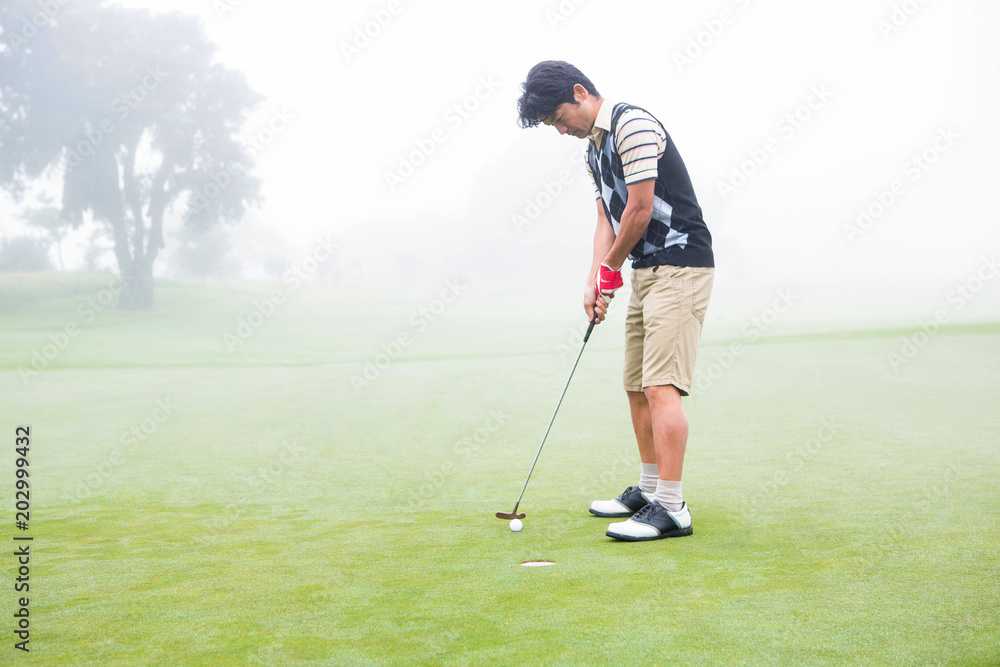 Obraz premium Golfer on the putting green at the hole