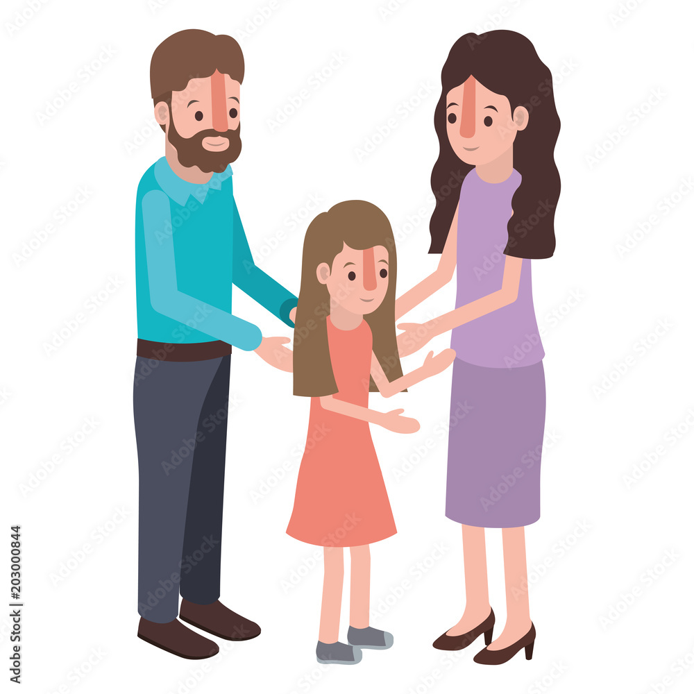 parents couple with daughter isometric characters vector illustration design