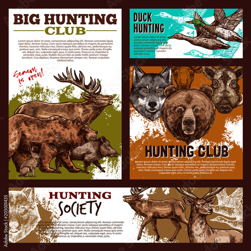Hunting banner with wild animal and bird sketch