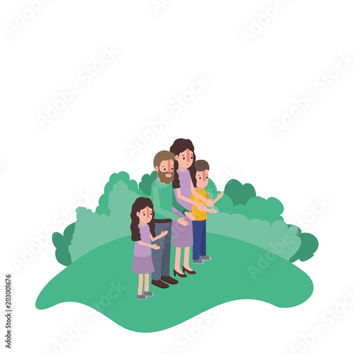 parents couple with son and daughter in field landscape vector illustration