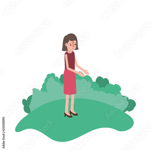 isometric woman in field landscape avatar character vector illustration design
