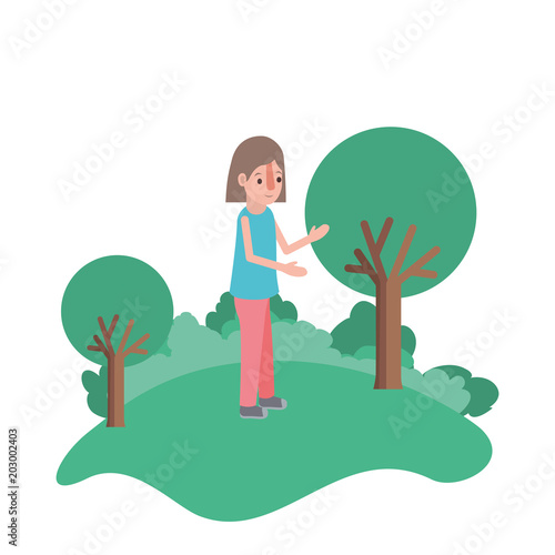 isometric woman in field landscape avatar character vector illustration design