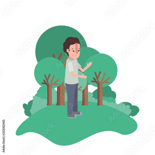 isometric little boy in field landscape character vector illustration design
