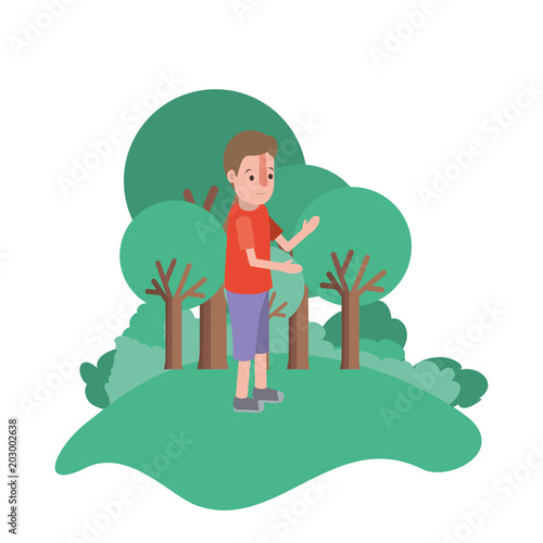 isometric little boy in field landscape character vector illustration design