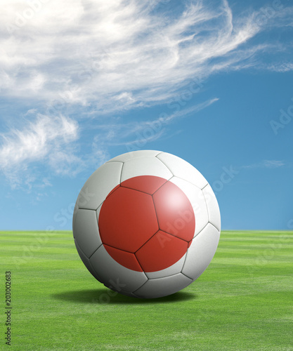 Soccer ball with Japan flags in a green field  