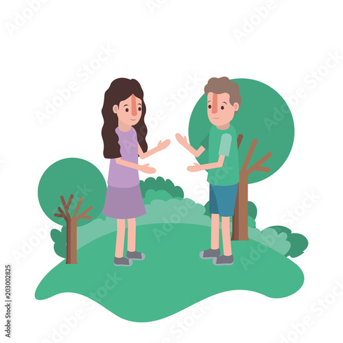 isometric little kids couple in field landscape character vector illustration