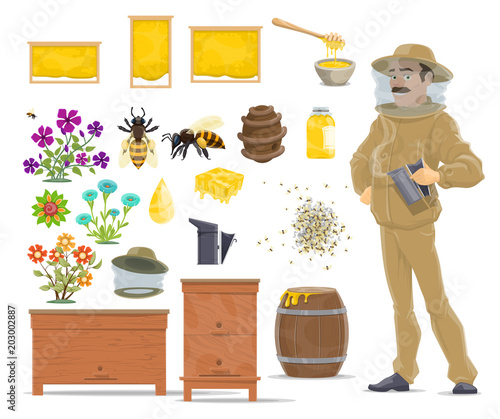 Honey bee, honeycomb, beehive and beekeeper icon