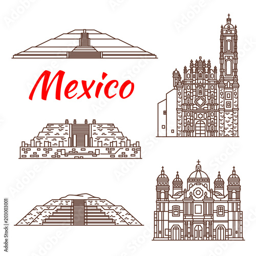 Mexican travel landmark icon of pyramid and church photo