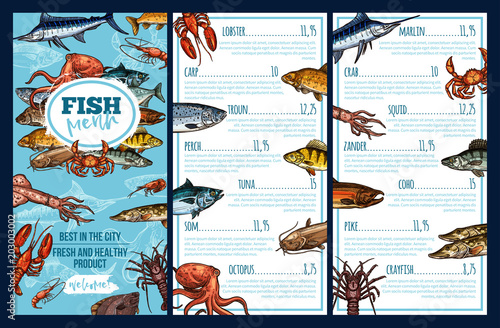 Seafood restaurant menu template with fish sketch