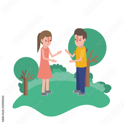 isometric little kids couple in field landscape character vector illustration