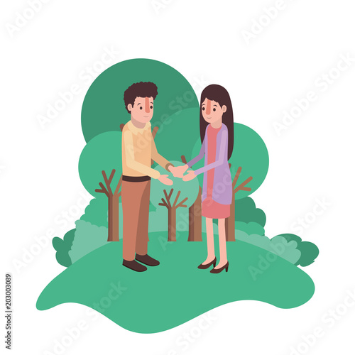 couple isometrics in field landscape avatars characters vector illustration