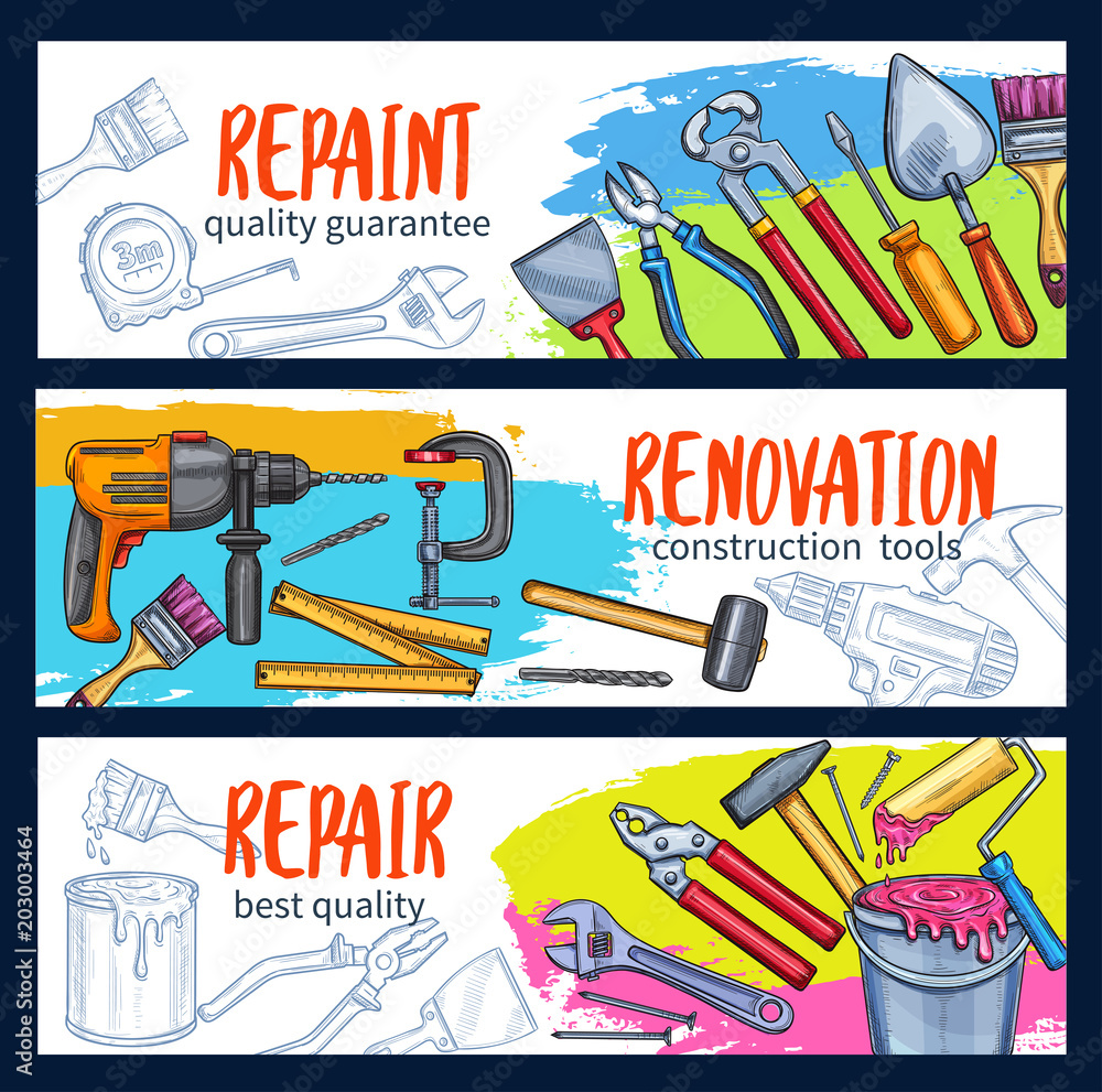 Fototapeta premium Repair work banner with construction tool sketch