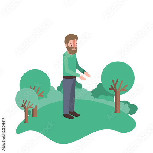 isometric man with beard in field landscape avatar character vector illustration