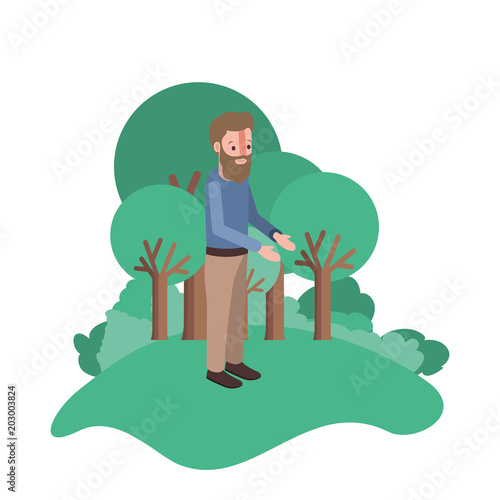 isometric man with beard in field landscape avatar character vector illustration