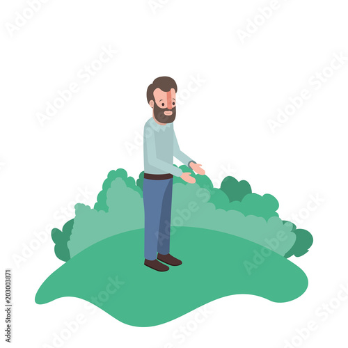 isometric man with beard in field landscape avatar character vector illustration