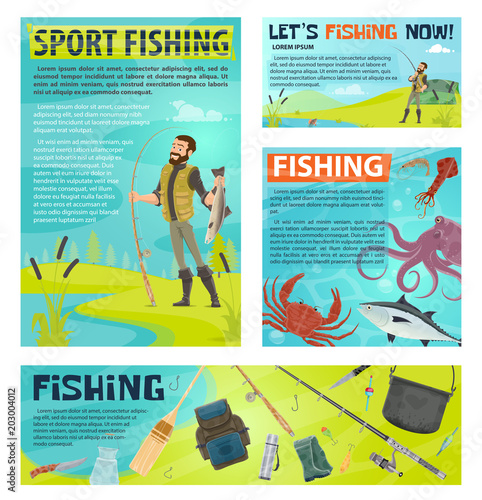 Sport fishing banner with fisherman and fish catch