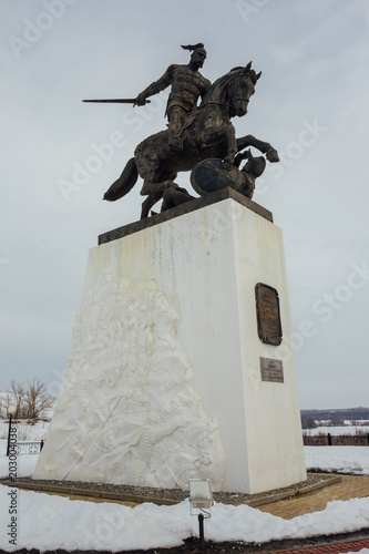 Monument to Svyatoslav the Brave, grand prince of Kievan Rus. Man on horse statue