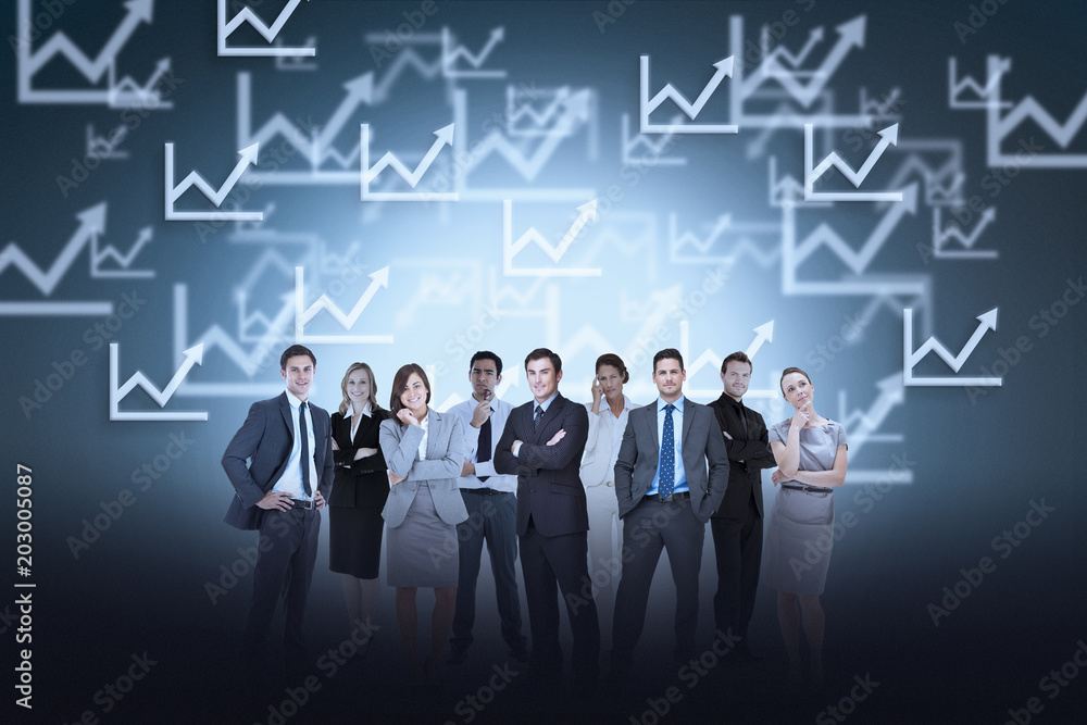 Group of business partners looking at camera against graph pattern