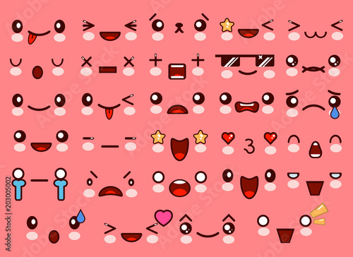 Kawaii cute smile emoticons and Japanese anime emoji faces expressions. Vector cartoon style comic sketch icons set EPS photo