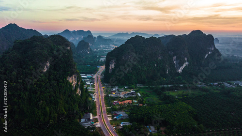 aerial view landscape of  Mountain in Twilight  time ,  Krabi Thailand photo