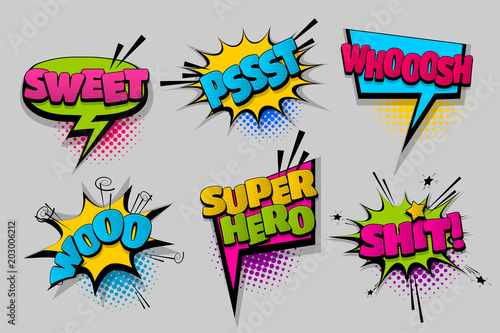 sweet woo shit super hero pop set hand drawn pictures effects template comics speech bubble halftone dot background pop art style. Comic dialog cloud. Idea conversation sketch explosion.