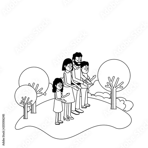 parents couple with son and daughter in field landscape vector illustration