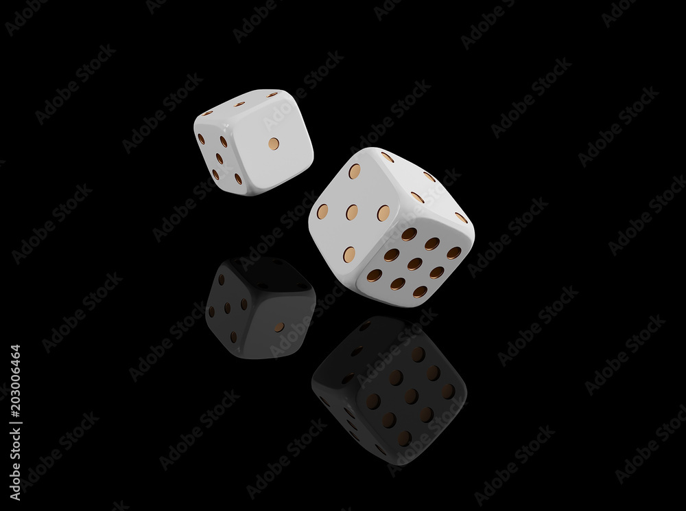 Casino black background with dice 3d. Online casino banner. White and gold  dice with reflection isolatel on black. 3d rendering. ilustración de Stock  | Adobe Stock