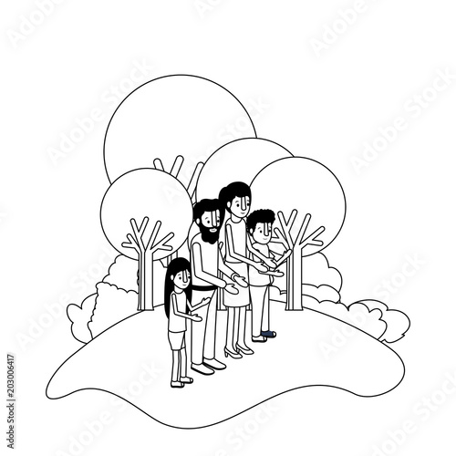 parents couple with son and daughter in field landscape vector illustration
