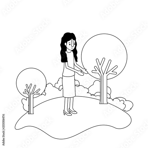 isometric woman in field landscape avatar character vector illustration design