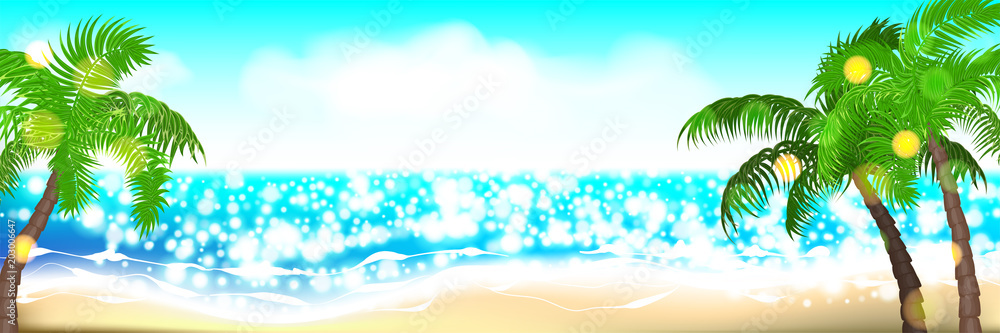Horizontal summer time palm tree banner. Palm leaf seashore sand beach. Ocean poster sunny tropical vector illustration. Hawaii landscape paradise. Colored party invitation. Horizontal summer time palm tree banner. Palm leaf seashore sand beach. Ocean poster sunny tropical vector illustration. Hawaii landscape paradise. Colored party invitation.
