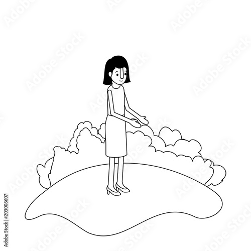 isometric woman in field landscape avatar character vector illustration design