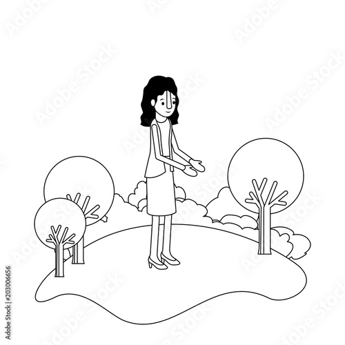 isometric woman in field landscape avatar character vector illustration design