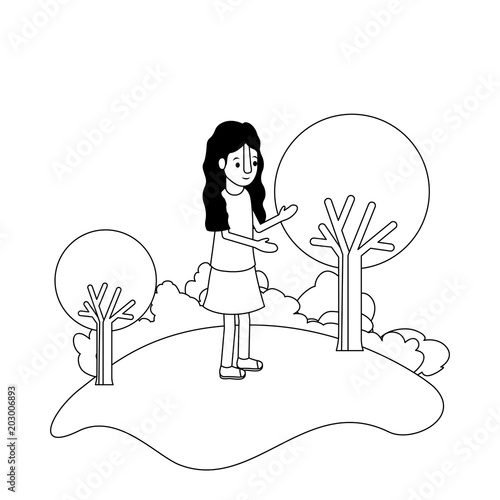 isometric little girl in field landscape character vector illustration design