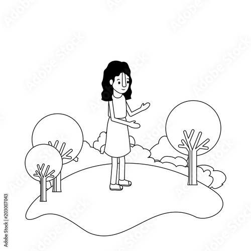 isometric little girl in field landscape character vector illustration design