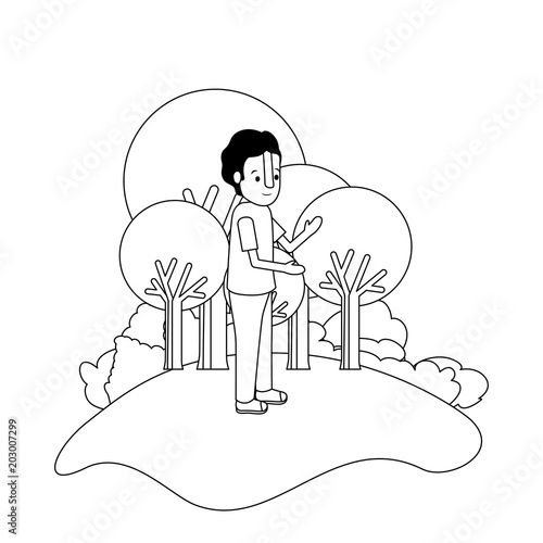 isometric little boy in field landscape character vector illustration design