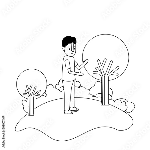 isometric little boy in field landscape character vector illustration design