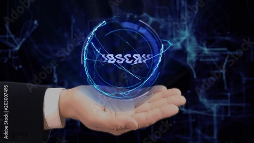 Painted hand shows concept hologram Subscibe on his hand. Drawn man in business suit with future technology screen and modern cosmic background photo