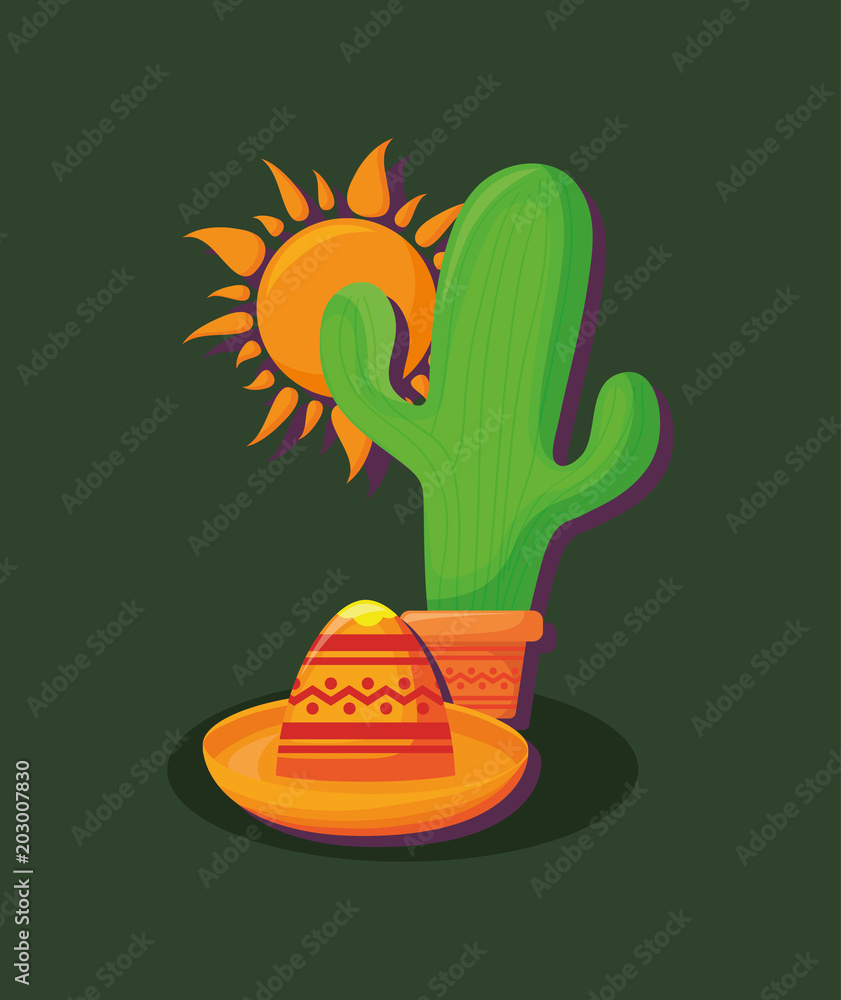 cactus with mexican hat and sun over green background, colorful design. vector illustration cactus with mexican hat and sun over green background, colorful design. vector illustration