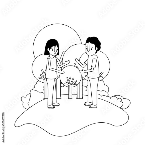 isometric little kids couple in field landscape character vector illustration