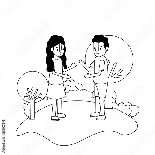 isometric little kids couple in field landscape character vector illustration