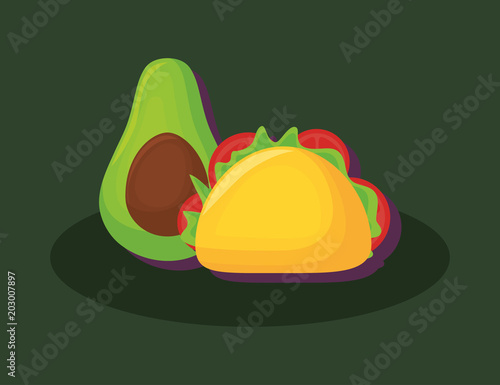 avocado and taco over green background, colorful design. vector illustration