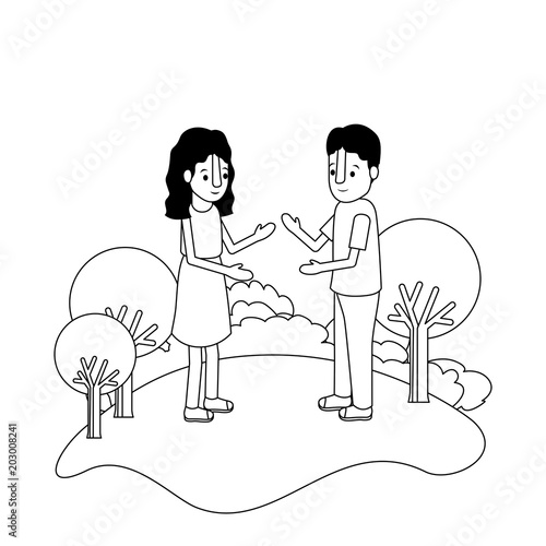 couple isometrics in field landscape avatars characters vector illustration
