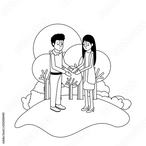 couple isometrics in field landscape avatars characters vector illustration