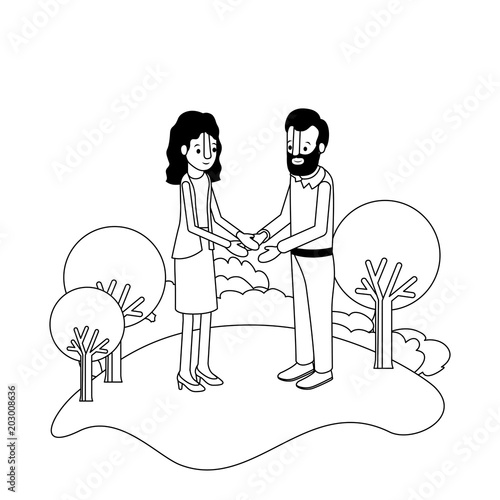 couple isometrics in field landscape avatars characters vector illustration