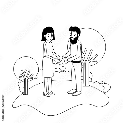 couple isometrics in field landscape avatars characters vector illustration