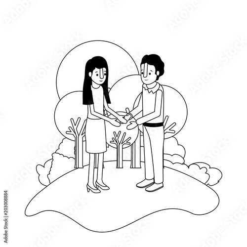 couple isometrics in field landscape avatars characters vector illustration